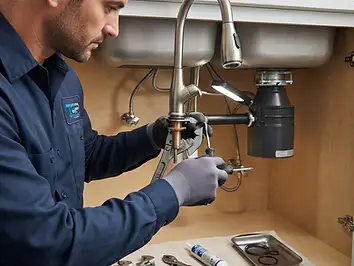 Professional plumber repairing a modern kitchen faucet with professional tools
