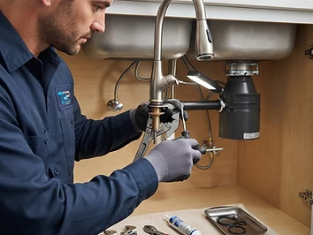 Professional plumber repairing a modern kitchen faucet with professional tools