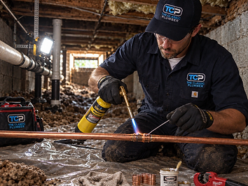 Plumber repairing a water service line in a residential crawlspace