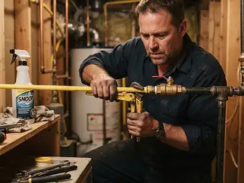 Plumber installing a residential gas line with yellow gas piping and a shutoff valve