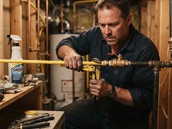 Plumber installing a residential gas line with yellow gas piping and a shutoff valve