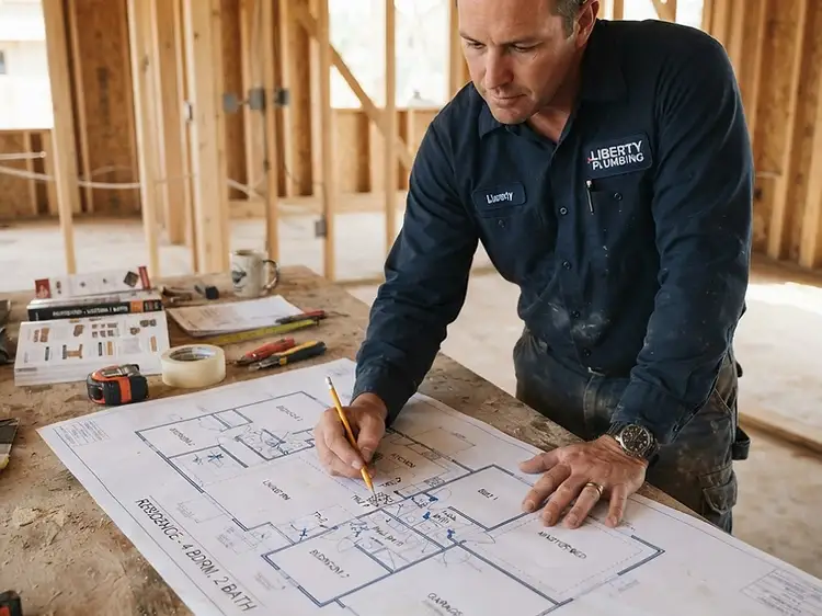 Plumber reviewing residential construction blueprint floor plans for new home plumbing layout