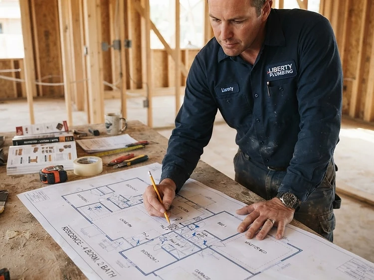 Plumber reviewing residential construction blueprint floor plans for new home plumbing layout