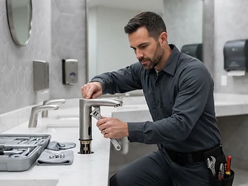 Professional plumber repairing a commercial restroom faucet in an office building