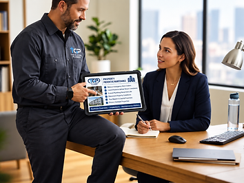 Professional plumber coordinating with a property manager