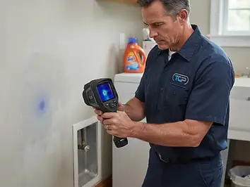 Professional plumber using a thermal imaging camera to scan for a hidden water leak