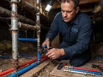 Plumber installing new PEX piping in a crawlspace, replacing old galvanized pipes