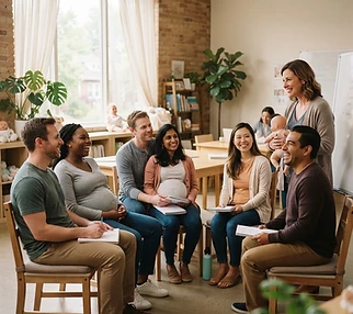 Expectant parents learning together in a small group class