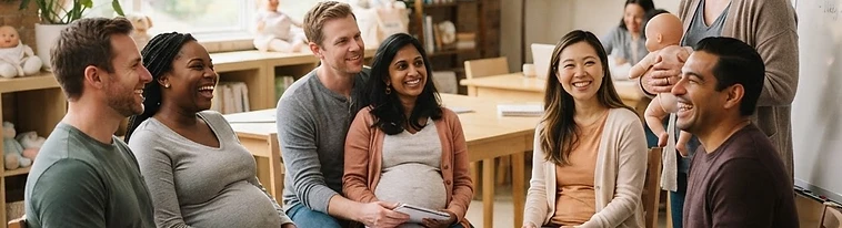 Expectant parents learning together in a small group class