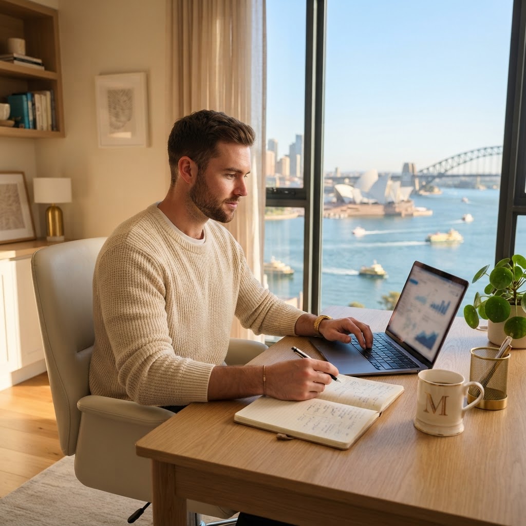 A professional studying with a laptop overlooking Sydney harbour