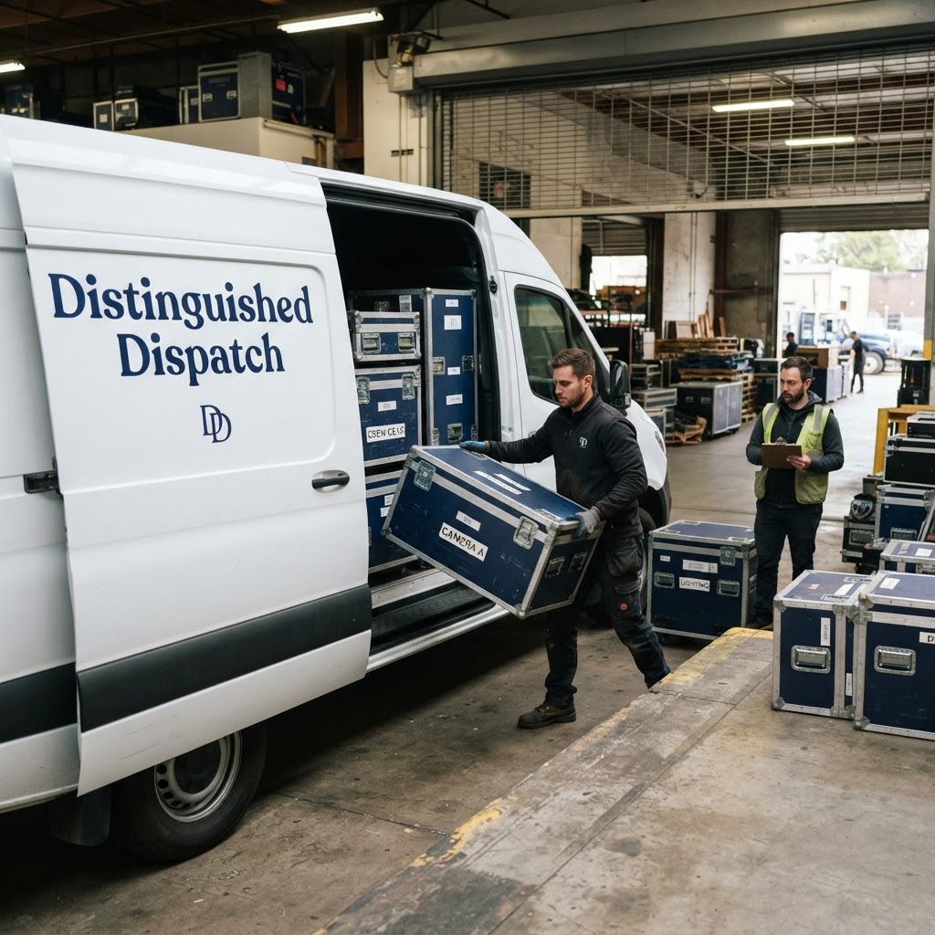 Navy flight cases being loaded into a courier van at a studio
