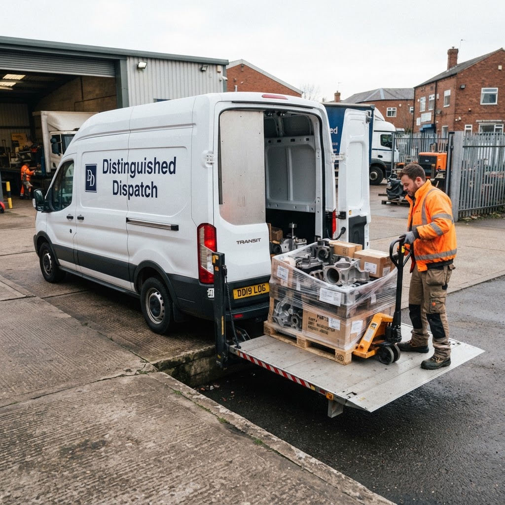 A pallet of parts being loaded onto a courier van tail-lift