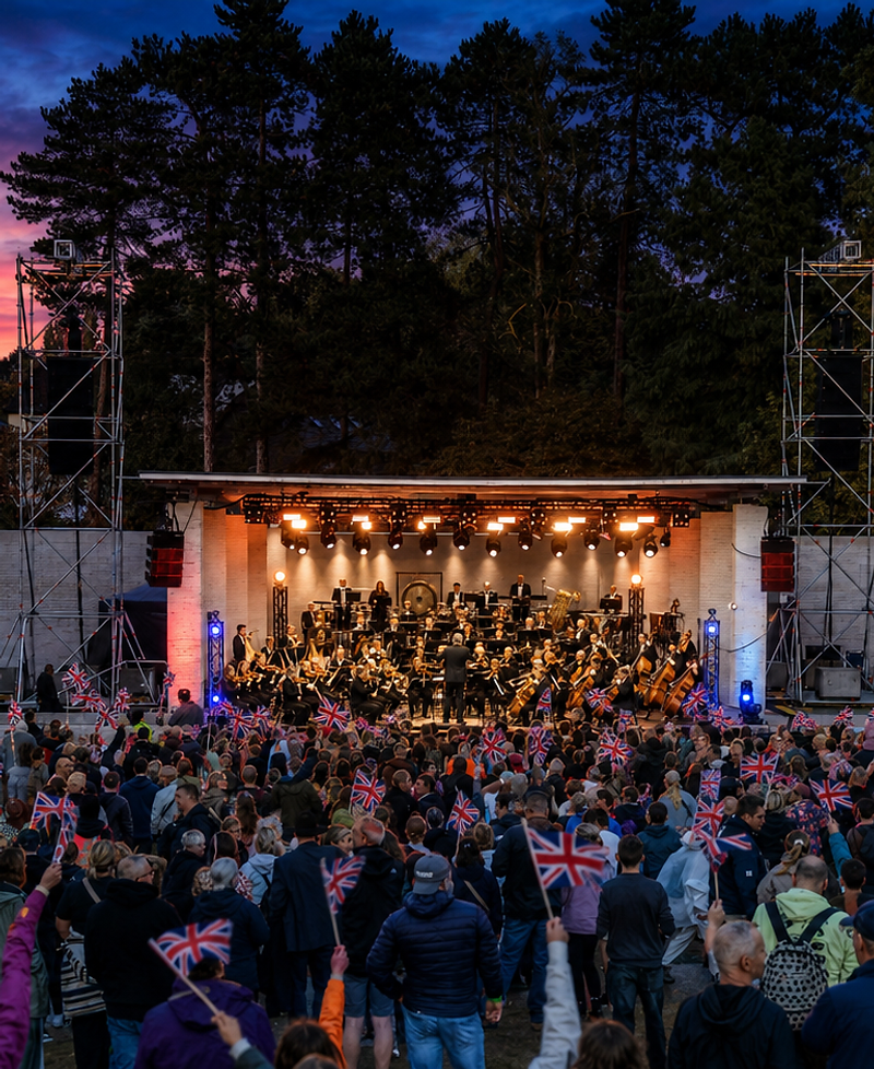Outdoor orchestral concert at dusk in Harlow Town Park with crowd waving Union Jack flags