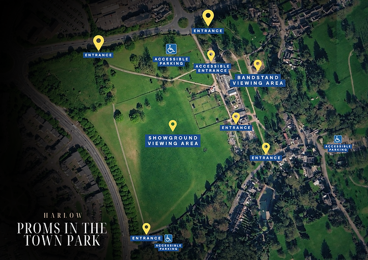 Aerial map of Harlow Town Park showing entrances, accessible parking, and the Bandstand and Showground viewing areas for the Proms event