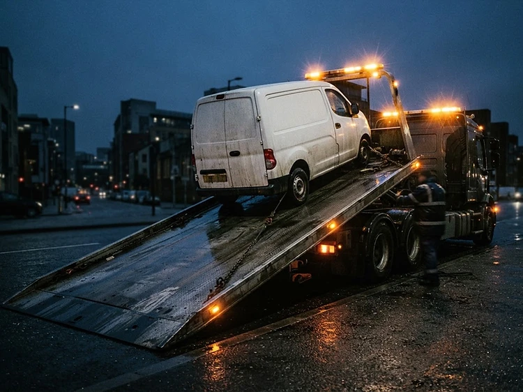 Dépanneuse permis C chargeant une camionnette utilitaire