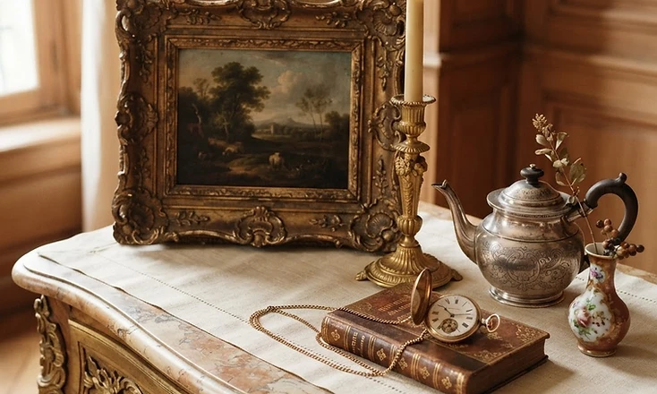 Composition d'antiquités : meuble ancien, tableau, montre, argenterie et porcelaine