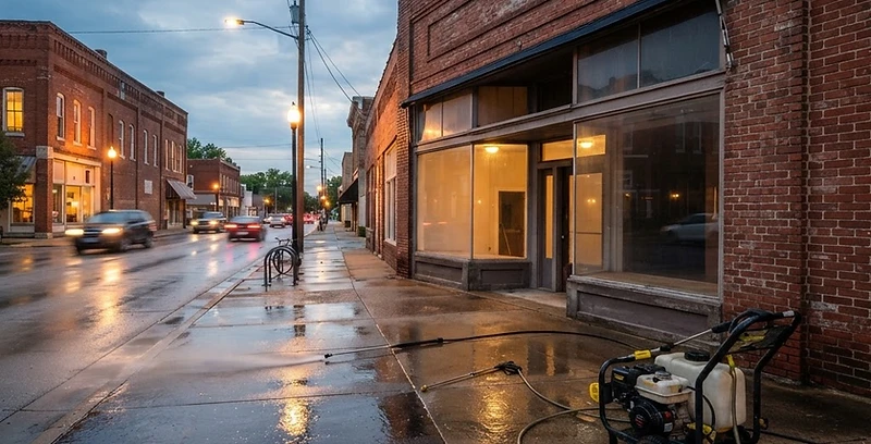 Illustrative photo of commercial pressure washing on a storefront in the Bartlett Illinois area