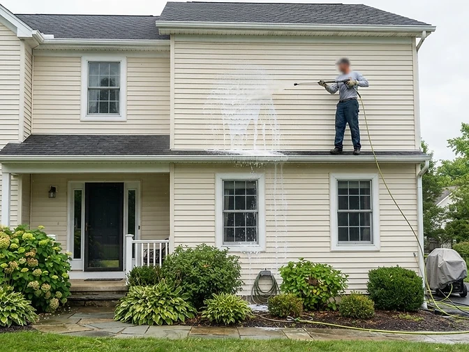 Illustrative photo of low-pressure house washing on a suburban home in the Bartlett Illinois area
