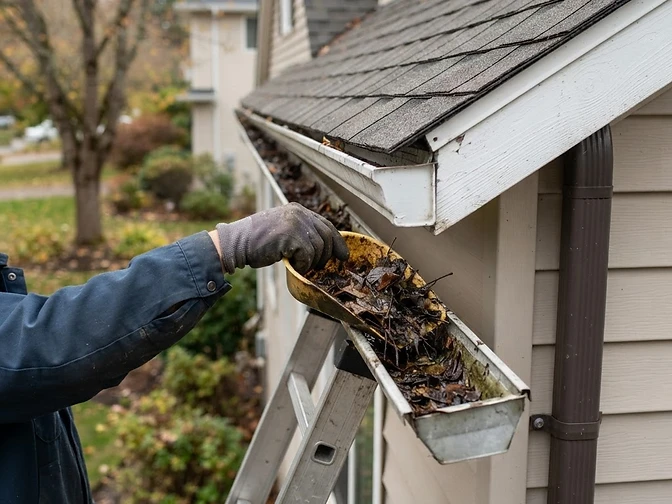 Illustrative photo of gutter cleaning at the eaves of a suburban home in the Bartlett Illinois area