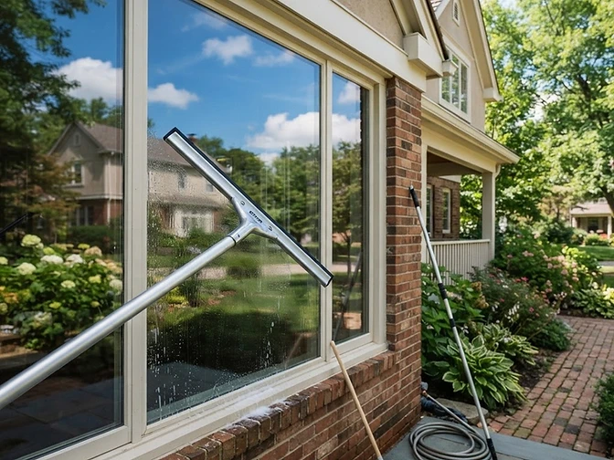 Illustrative photo of exterior window cleaning on a suburban home in the Bartlett Illinois area