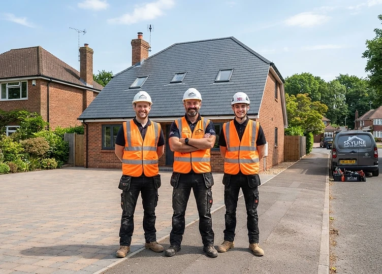 The Acero Roofing team in front of a newly finished roof