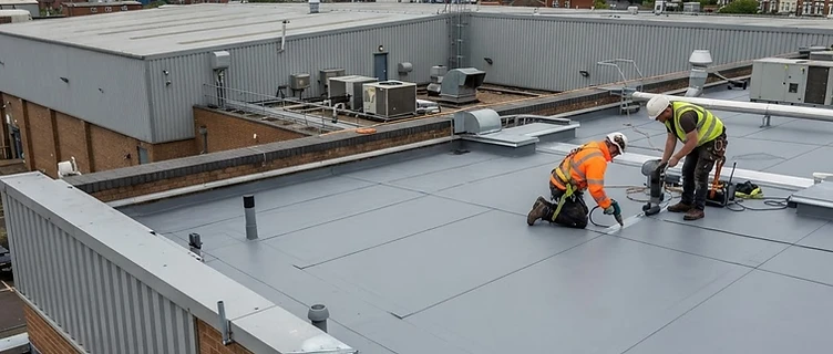 Commercial flat roof with a single-ply membrane system on an industrial building