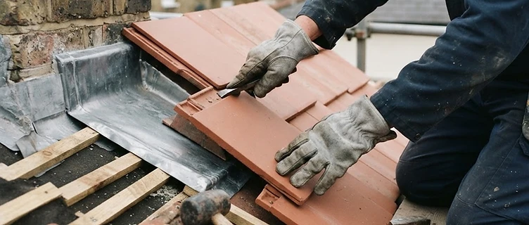 Roofer replacing broken clay tiles and fitting new flashing on a UK home