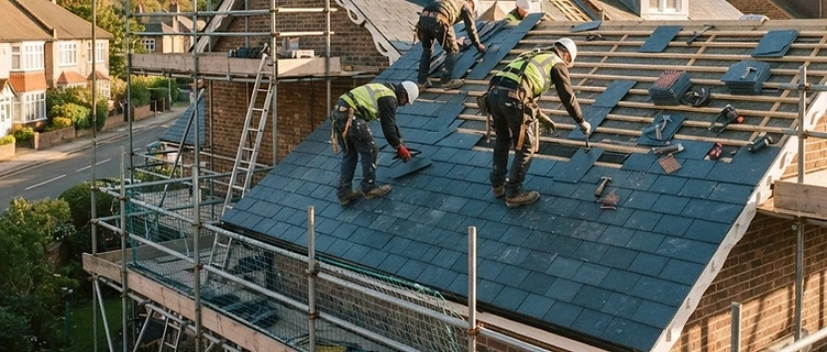 Roofers installing natural slate tiles on a pitched residential roof in the UK