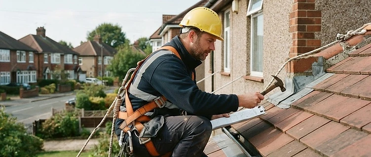 Roofing surveyor inspecting the roofline of a UK family home