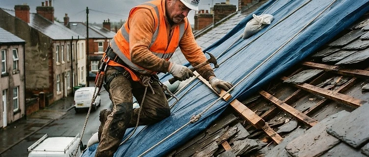 Roofer securing a tarpaulin over a storm-damaged UK house roof
