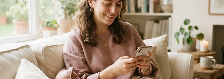 A woman feeling reassured reading on her phone