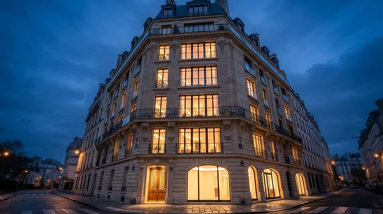 Bâtiment urbain réhabilité au crépuscule