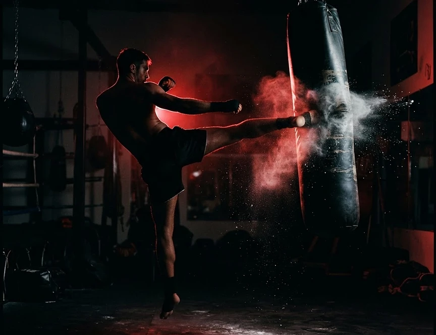 Silhouetted martial artist striking a heavy bag in a dark gym