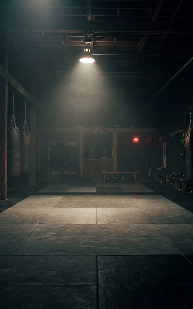 Empty martial arts studio mat under a single spotlight