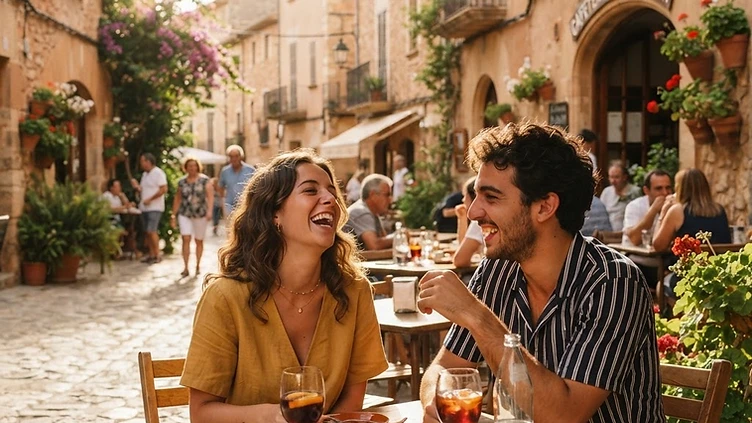 Dos joves rient en una terrassa d'un poble català
