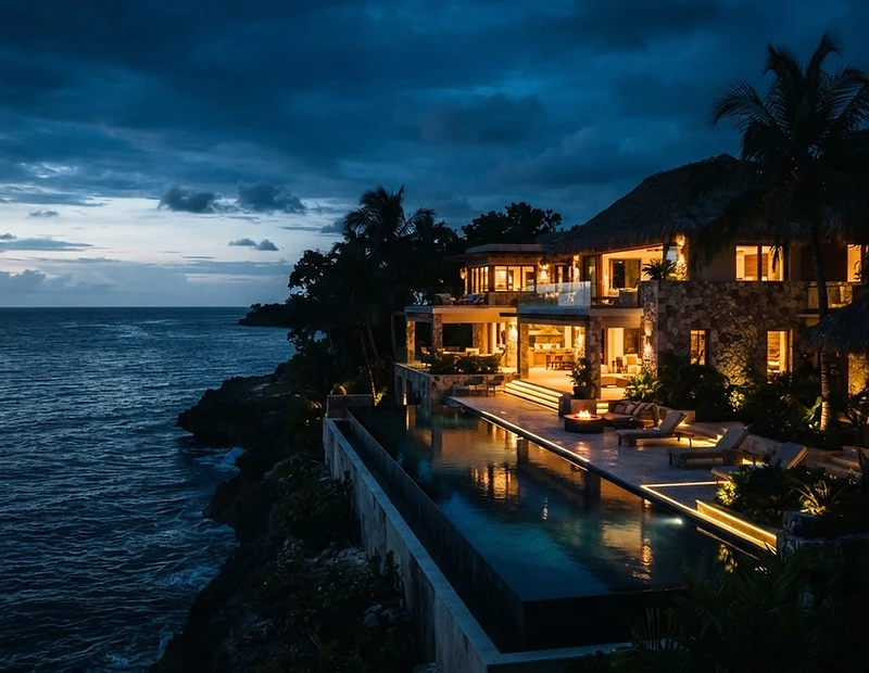Luxury oceanfront villa in Jamaica at dusk