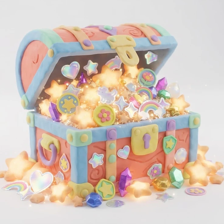 Treasure chest overflowing with stars, stickers, badges, and rewards