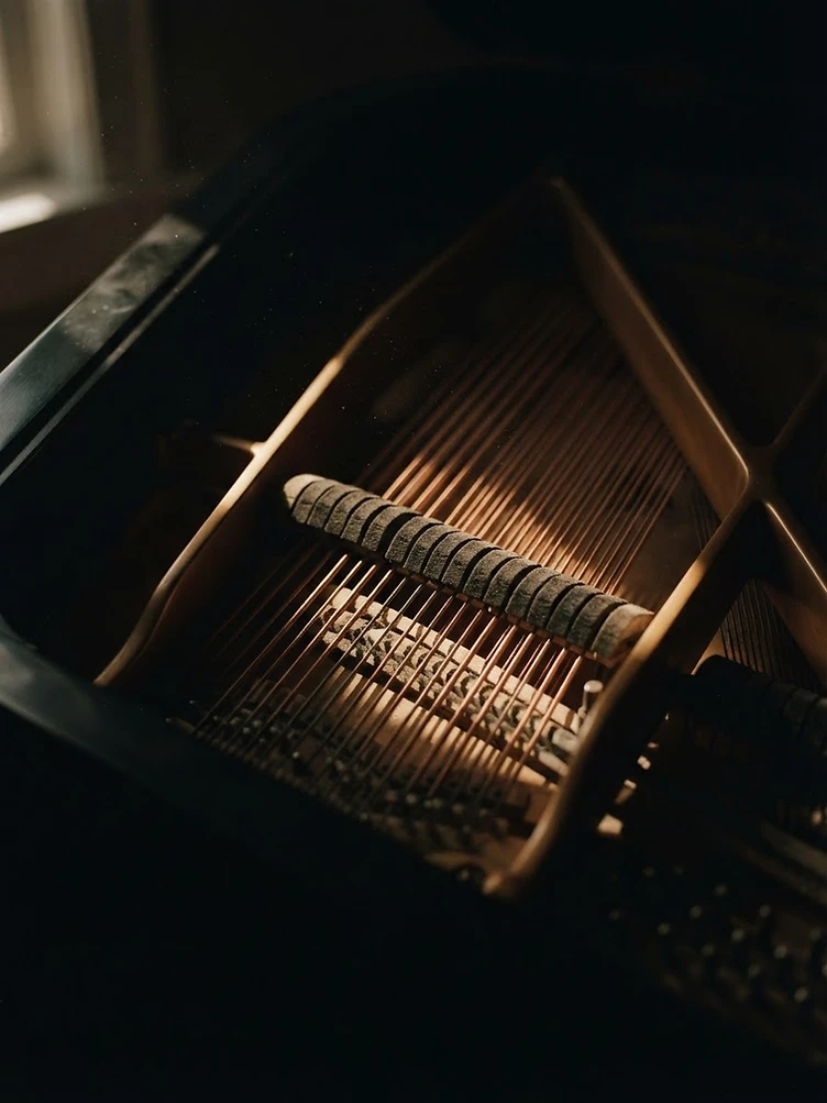 Grand piano strings under dramatic light