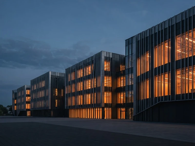 Arquitetura industrial moderna com iluminação âmbar