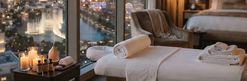 A luxury Las Vegas hotel suite before an in-room massage