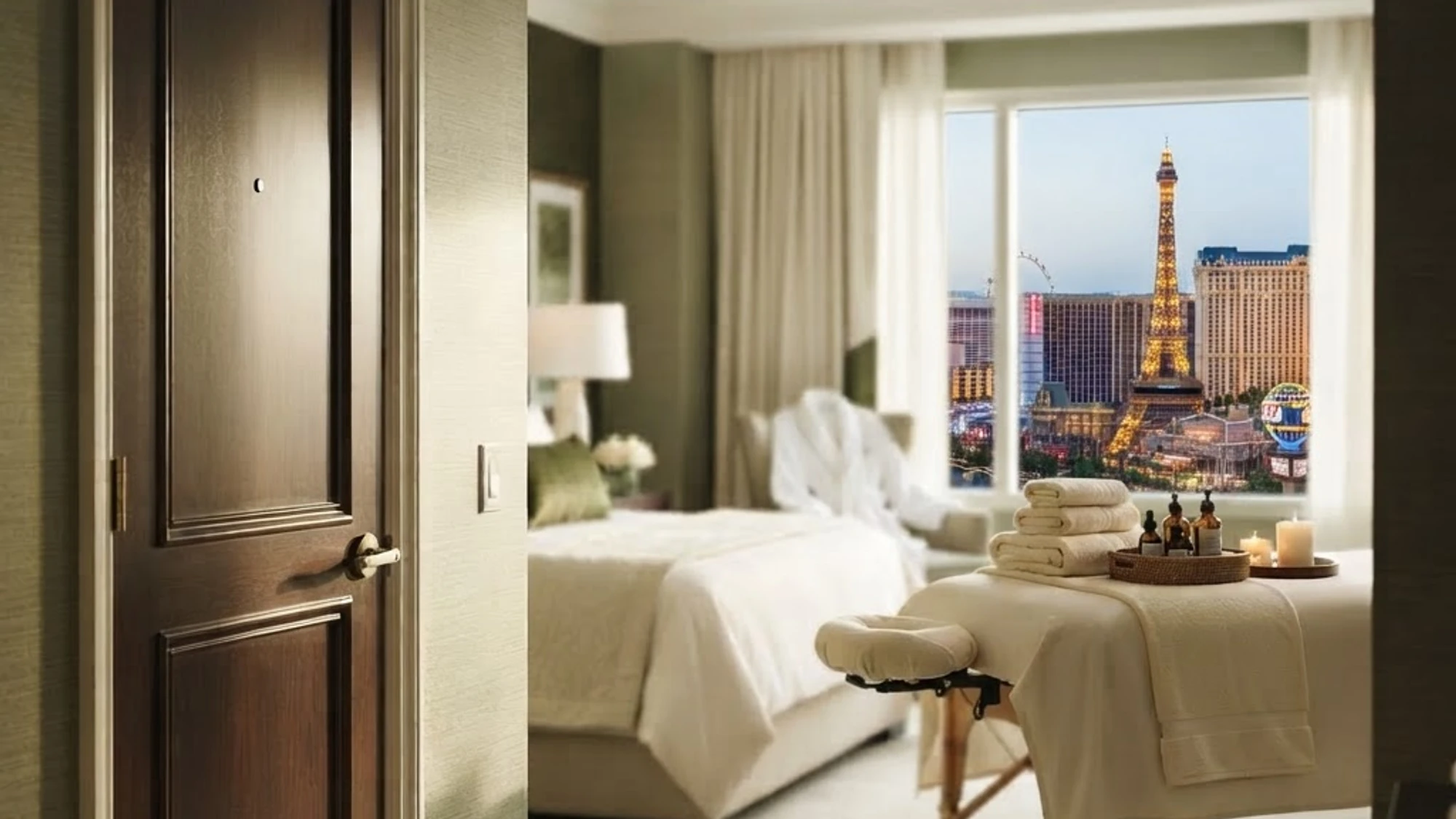 Honor Concierge in-room massage setup in a luxury Las Vegas hotel suite with the Strip skyline visible through the window