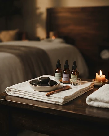 Honor Concierge treatment setup with candles, oils and a folded linen