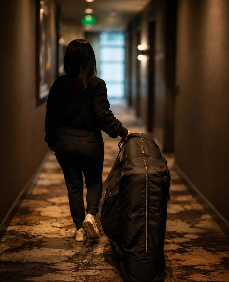 Una terapeuta de Honor Concierge llega con el equipo necesario para una visita de bienestar en la habitación.
