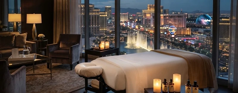 A luxury Las Vegas hotel suite set up for a private in-room wellness experience