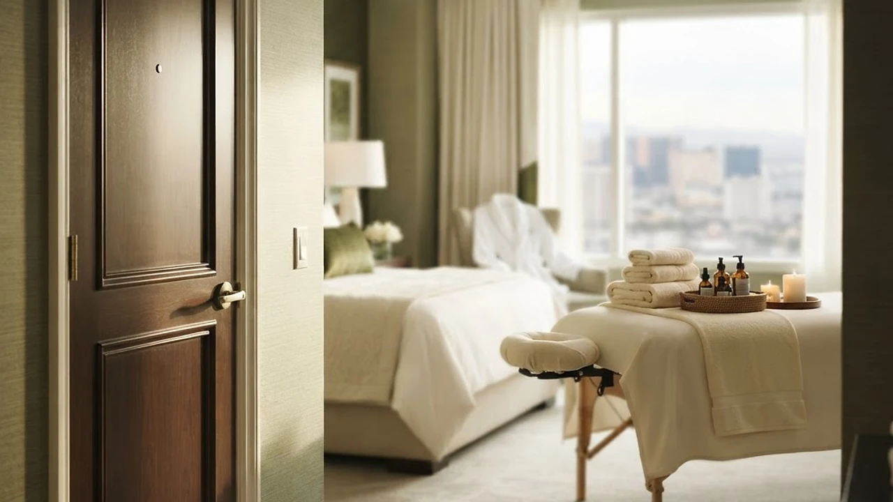 A bright hotel suite with the door ajar, ready for an in-room wellness visit