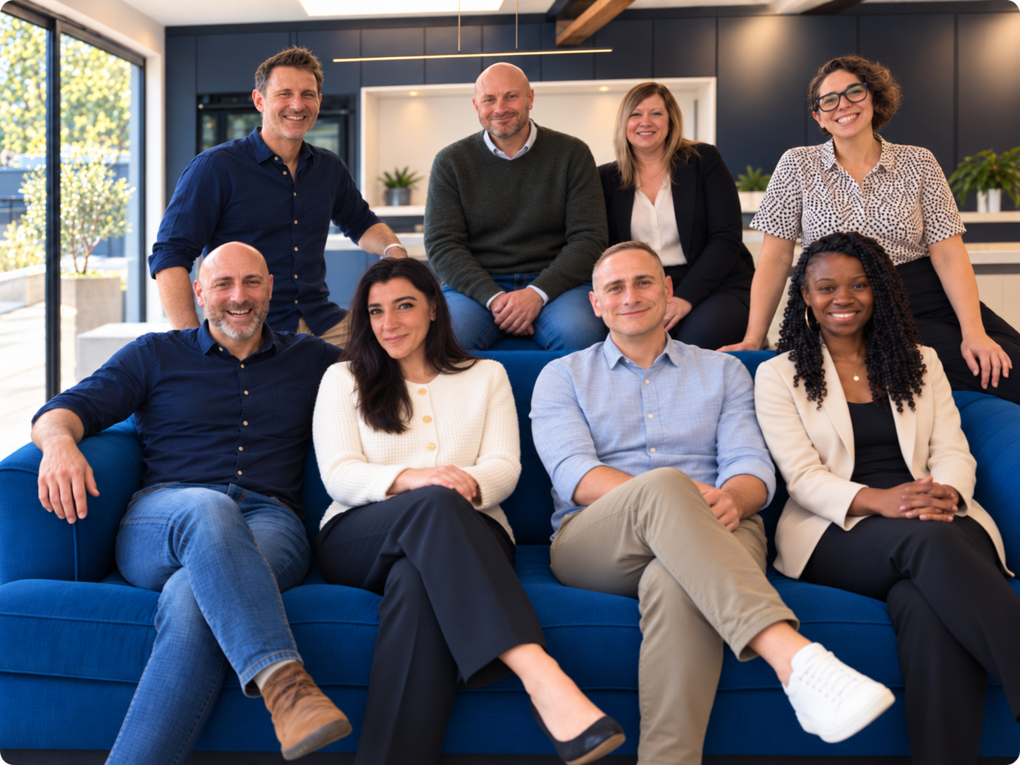 The Clearintent Partners team together in a modern office, sitting on a blue sofa
