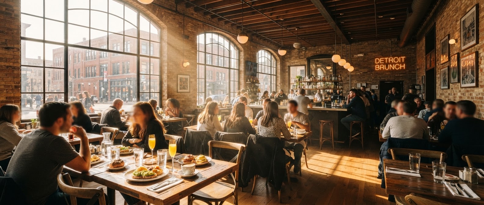 Sun-drenched Detroit brunch restaurant interior