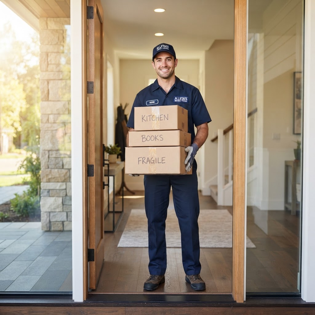 Professional mover carrying moving boxes