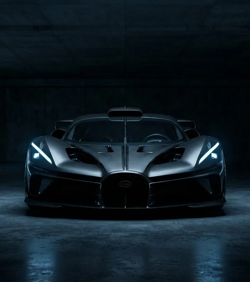 Rare dark hypercar silhouette in a minimalist concrete garage