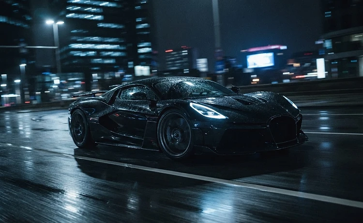 Modern hypercar reflecting city lights at night